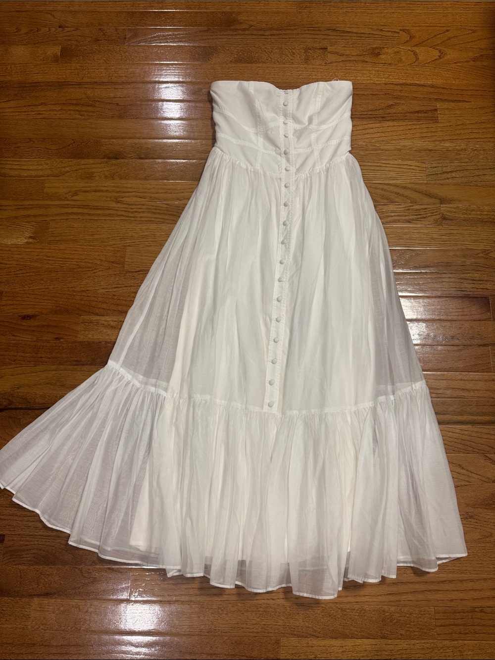 Anthropologie White Strapless Tulle Maxi Dress with Button Front